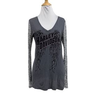 Harley Davidson Shirt Womens M Medium Grey Long Sleeve Graphic V Neck Raglan Tee